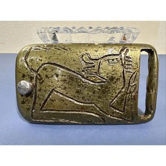 Vintage Brutalist Brass Belt Buckle Abstract Etched Figure Mid‎ Century Modern