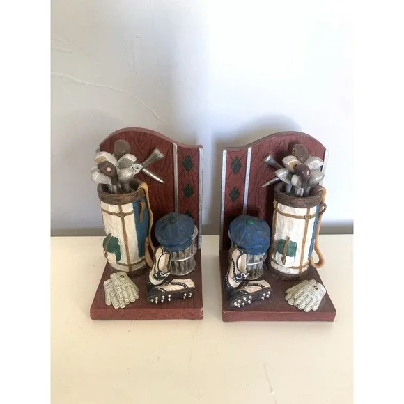 Highland Ridge Golf Bookends Resin Golfer Bag Clubs Shoes Man Cave Office Decor