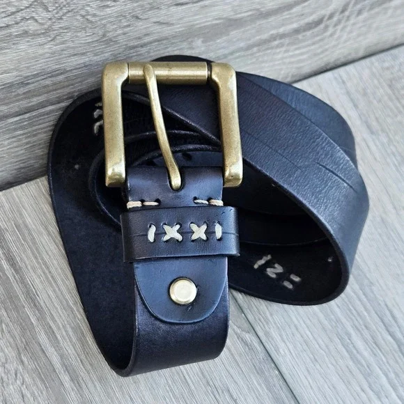 Handmade Black Italian Leather Belt XL Antique Brass Buckle Cross Stitch Rugged