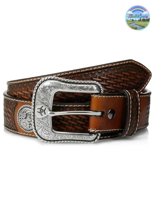 Basketweave Stamped Western Leather Belt with Removable Silver Buckle - Runs