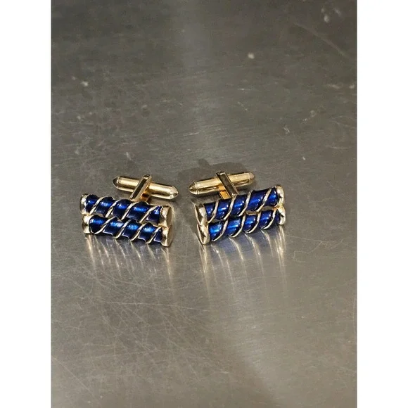 Swank Mens Blue Enamel Gold Tone Twisted Rope Barrel Cufflinks S Pentagon Logo