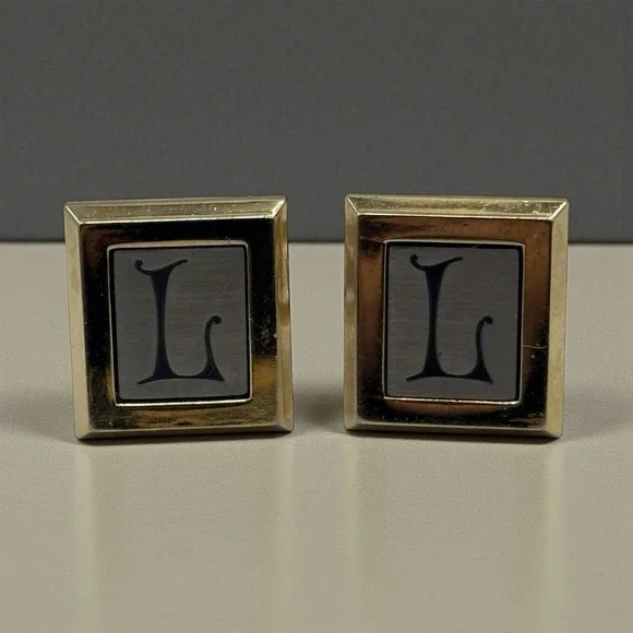 Initial L Monogram Hickok USA‎ Cufflinks Letter Vintage Two Tone Script Square