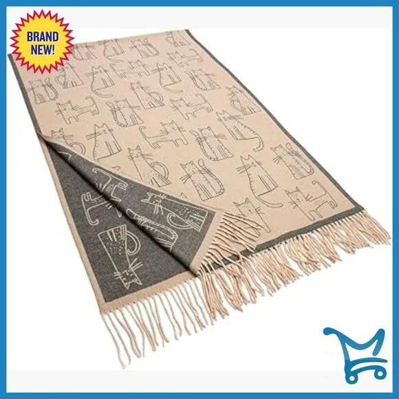 Cashmere Feel Shawl Cat Print Fringed Scarf Winter Warm Wrap