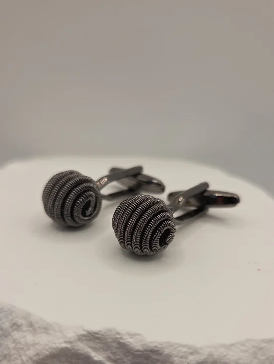 Mens Cuff Links, Silver Tone Round Knot Style Metal Cufflinks Pair No Stone