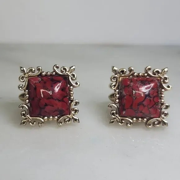 Swank Vintage Gold Toned Cufflinks Red Cabochon Stone Statement Luxury