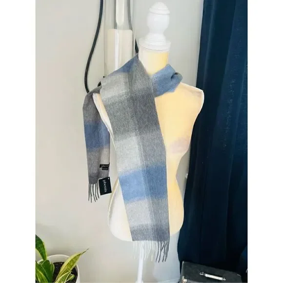 PHENIX Cashmere Mixed Weave Buffalo Plaid Scarf, Soft Luxurious, Blue Plaid, NWT