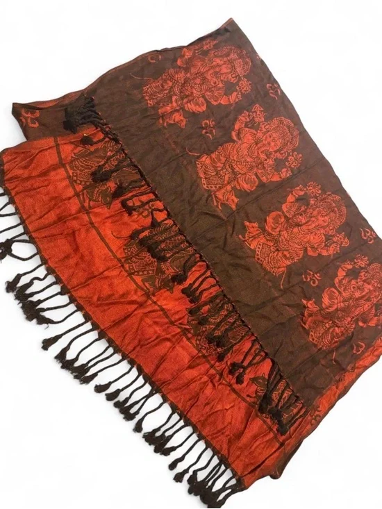 Brown & Orange Decorative Fringe Scarf with Ganesha Motif
