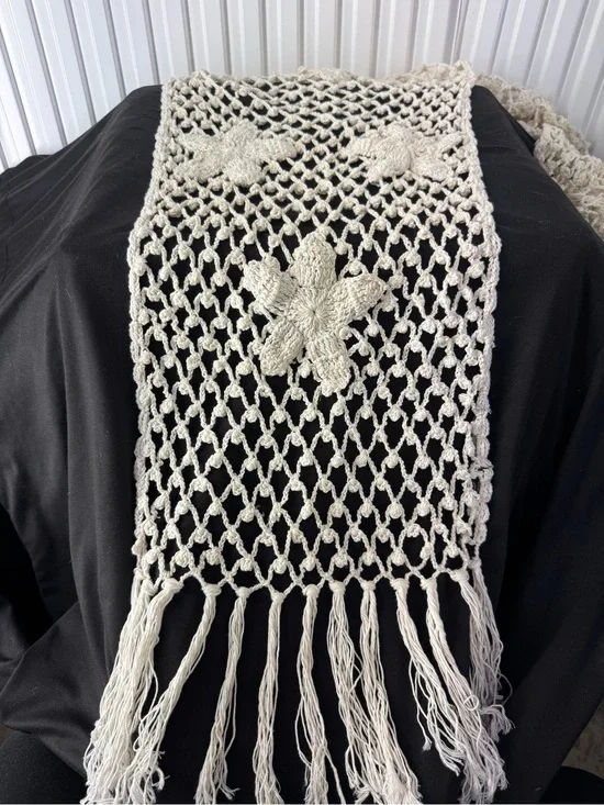 Vintage Antik Batik Made in France Cream Macramé Fringe Scarf with Floral Motifs