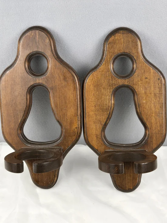 Set of 2 Vintage Wooden Wall Sconces - Farmhouse Decor