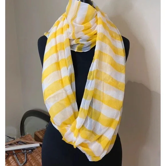 Henri Bendel Yellow White Striped Infinity Scarf Sheer‎ Lightweight Designer