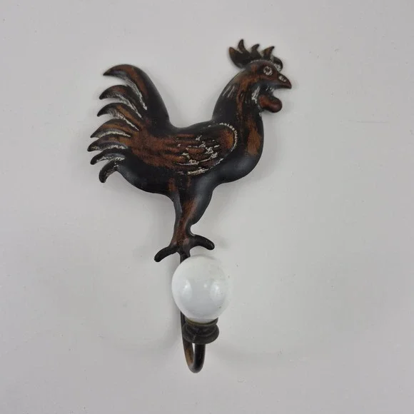 Rustic Metal Rooster Wall Hook Farmhouse Decor Tin Bronze with Ceramic Ball