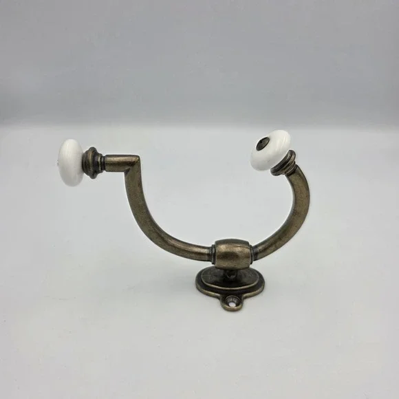 Antique Brass White Porcelain Knobs Coat Double Hooks Two Prong Wall Mount