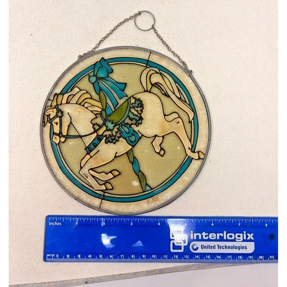 Vintage Carousel Horse Stained Glass Suncatcher Round Hanging Panel Made Korea