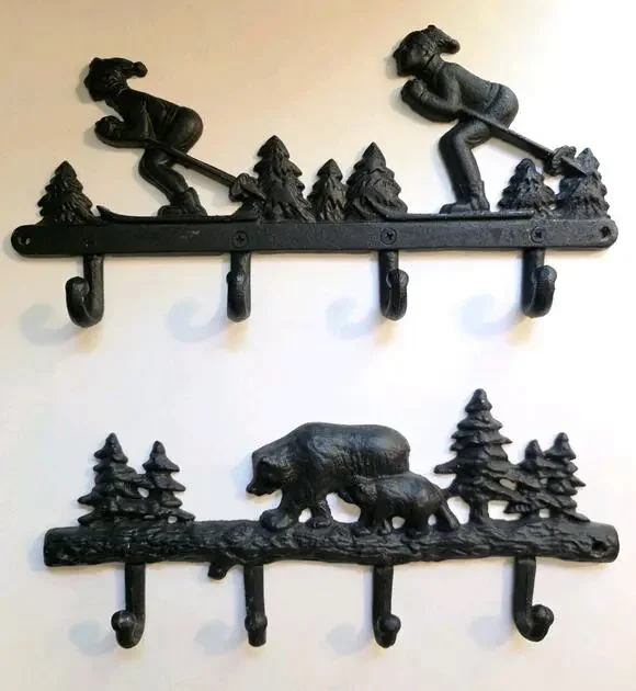 Cast Iron Bear And Skiing Wall Hook Rack Rustic Cabin Lodge Coat Hanger Set Of 2