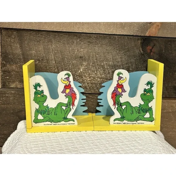Vintage Dr Seuss Bookends Wooden Grinch Boo Yellow Henson Nursery Play Room EUC‎