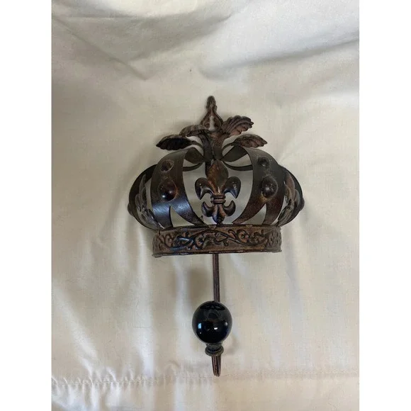 Vintage Bronze Metal Crown Wall Hook Fleur De Lis Regal Royal Decor 11in