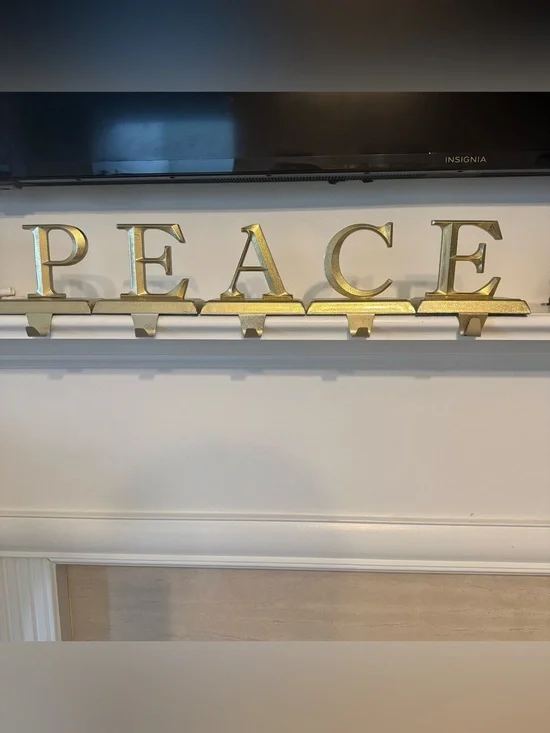 Vintage Gold Metal PEACE Christmas Stocking Holders Mantel Hooks Set of 5 Heavy