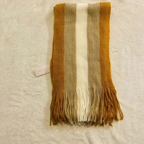 Scarf Striped with Tassels in Mustard, Brown, and Cream NWT