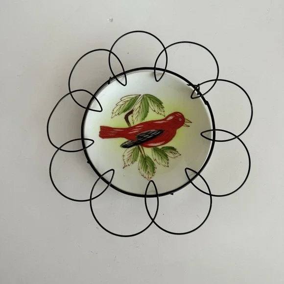 Vintage Bird Plate Red Songbird on Leaves in Wire Loop Wall Hanging
