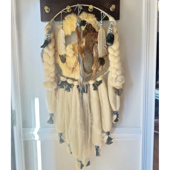 Vintage Native Large Dream Catcher Wall Hanging Fur Feathers 41