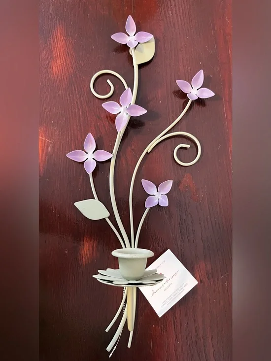 Home Interiors Homco 19” Purple Floral Metal Wall Candle Sconce w/ Original Tag