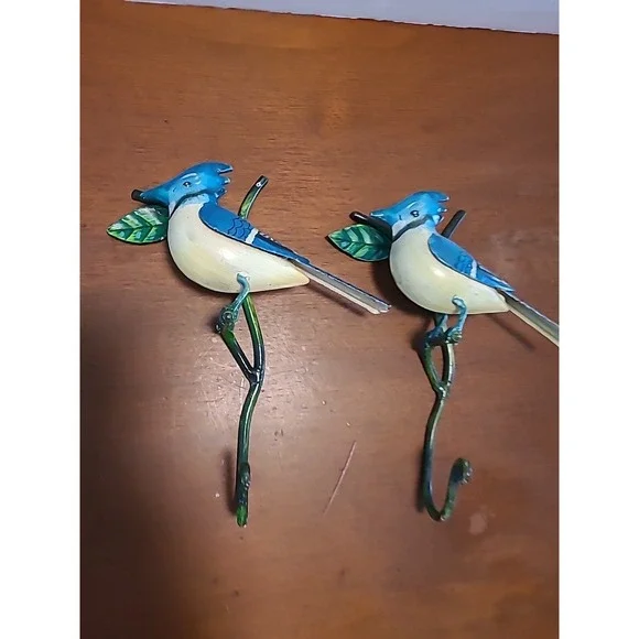 Two Metal Painted Bluejay Birds  Wall Hooks On Green Branch 8.5