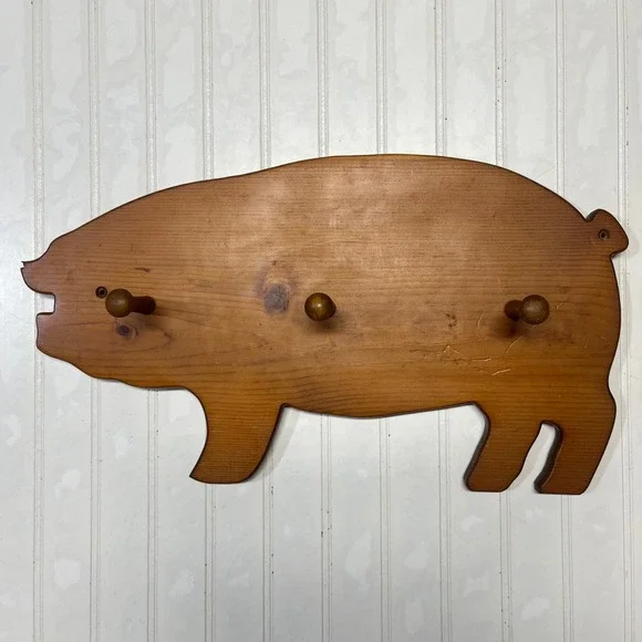 Vintage Wooden Pig Wall Rack 3 Peg Hook Farmhouse Kitchen Decor Handcrafted Wood