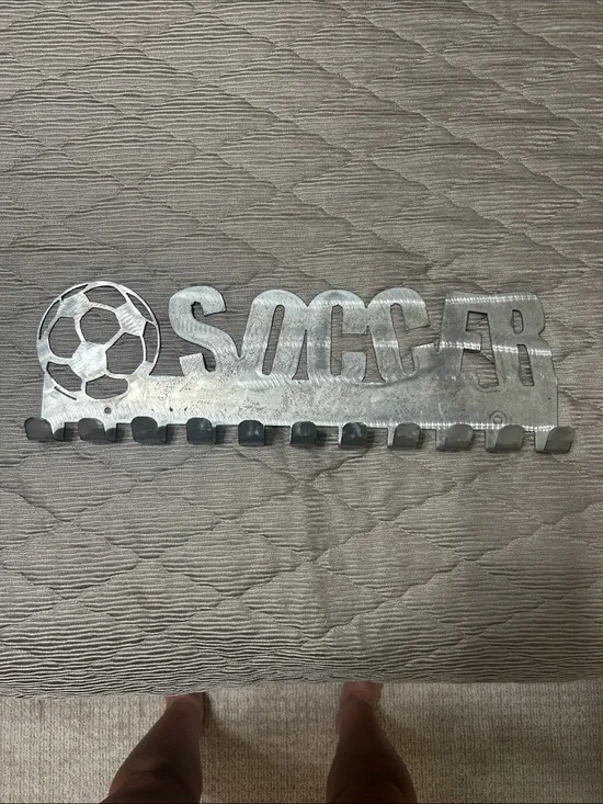 Metal Silver 'SOCCER' Wall Hook Rack with Soccer Ball Accent