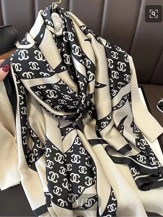 ShopEvelynne Black & Cream Logo Pattern Wrap Scarf