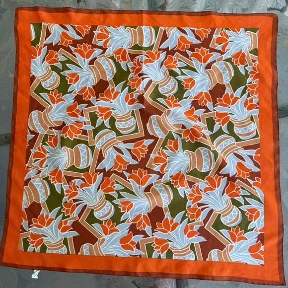 Vintage Italian Polyester Square Scarf Orange Floral Vase Geometric Print 27x27