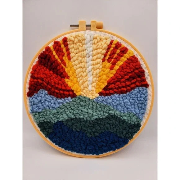 Stunning Handmade Sunset Mountain Punch Needle Art - 8