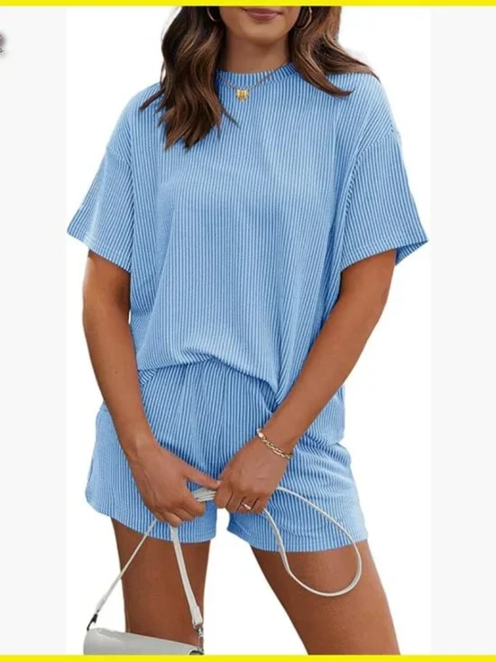 Oversized Ribbed Knit Lounge Set Short Sleeve Top Matching Shorts Tracksuit