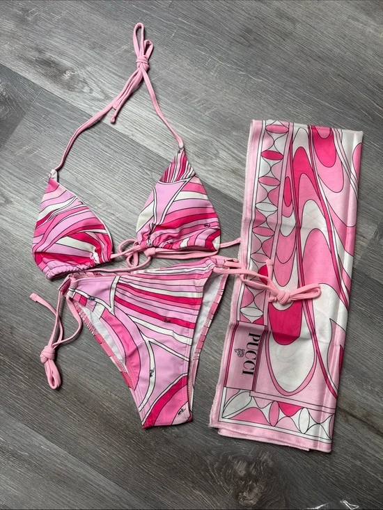 Emilio Pucci Pink Swirl Bikini with Matching Cover Scarf