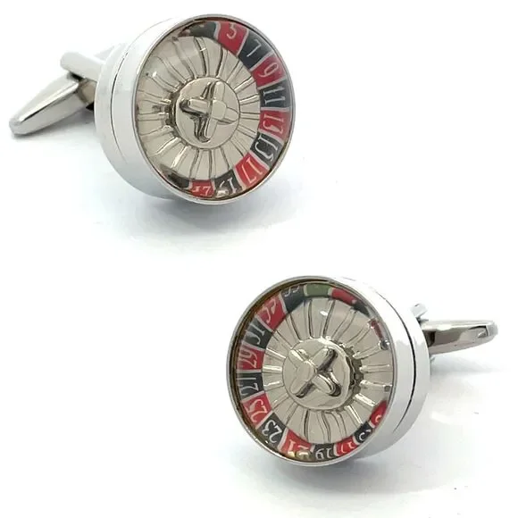 Spinning Roulette Wheel Cufflinks – Silver-Tone with Enamel
