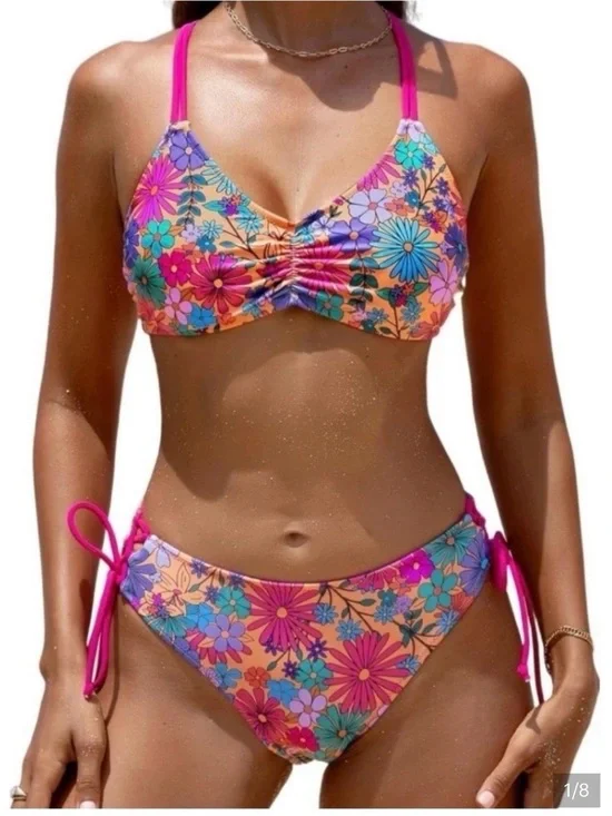 2 for $30 sale: NWT Cupshe retro pink ditsy floral side tie bikini - L