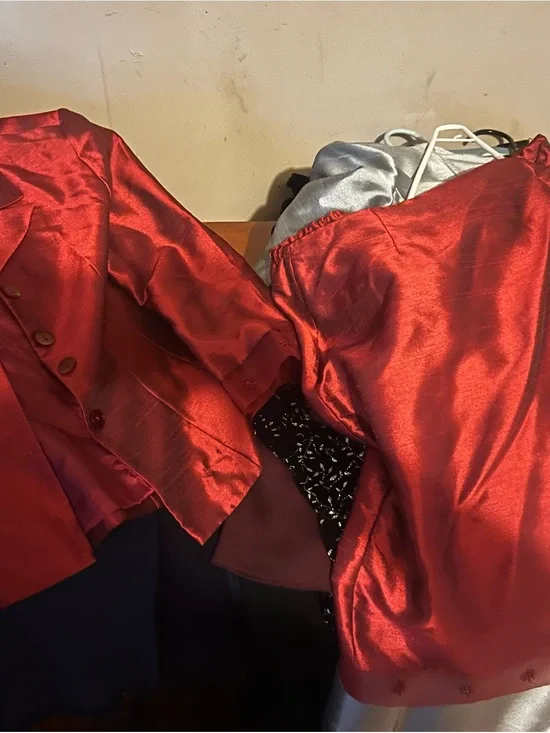 Red Satin Jacket and Skirt Set