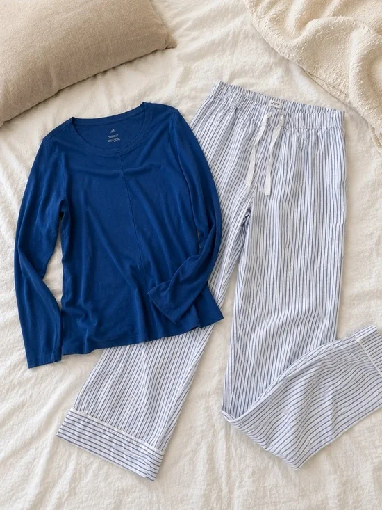 100% Cotton J.Crew Stripe Pajama Set Blue White Pima Tee Lounge Sleepwear S M