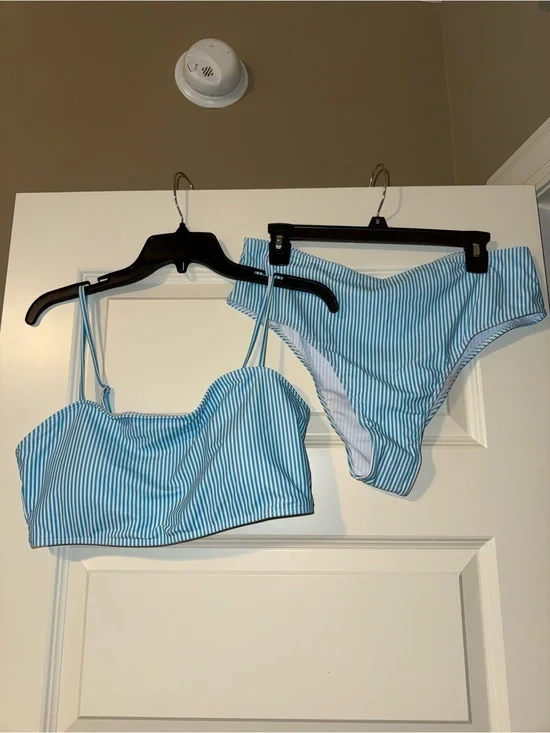 SHEIN Light Blue & White Striped Bandeau Bikini Set