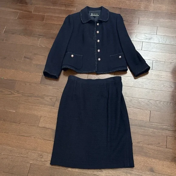 Navy Tweed Two-Piece Skirt Set with Pearl Buttons