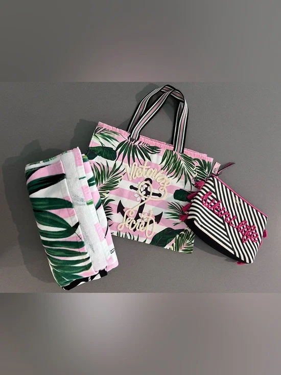 Victorias’s Secret 3-Piece Set - Beach Tote Beach Towel Bikini Pouch Vacation
