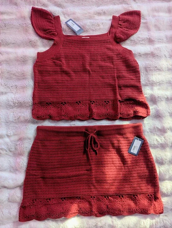 NWT Universal Thread Crochet Set Red Flutter Sleeve Top & Mini Skirt 2X