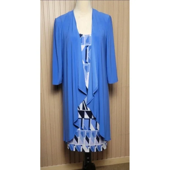 R&M Richards Womens Blue Geometric Print Sheath Dress and Duster Set Size 12
