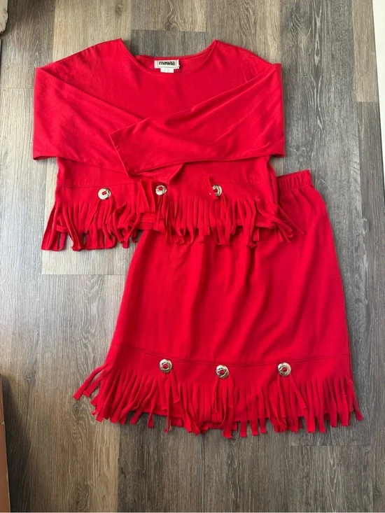 Vintage Western Fringe Skirt & Top Set in Cherry Red Made in USA Cotton Blend
