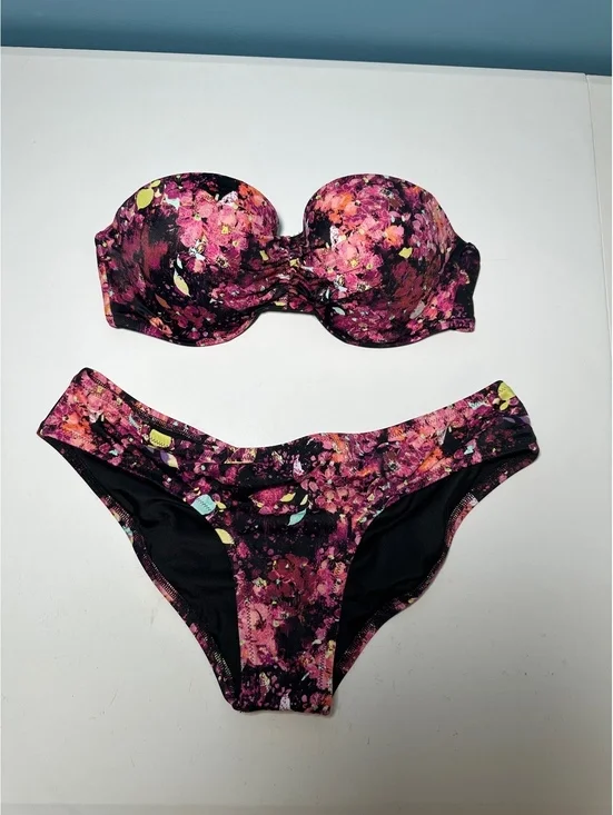 Victoria's Secret Floral Strapless Bikini Set Size 36C Large Bottoms