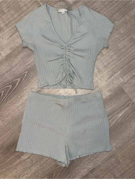 Love Tree Dusty Blue Ribbed Ruched Crop Top & Lounge Shorts Set