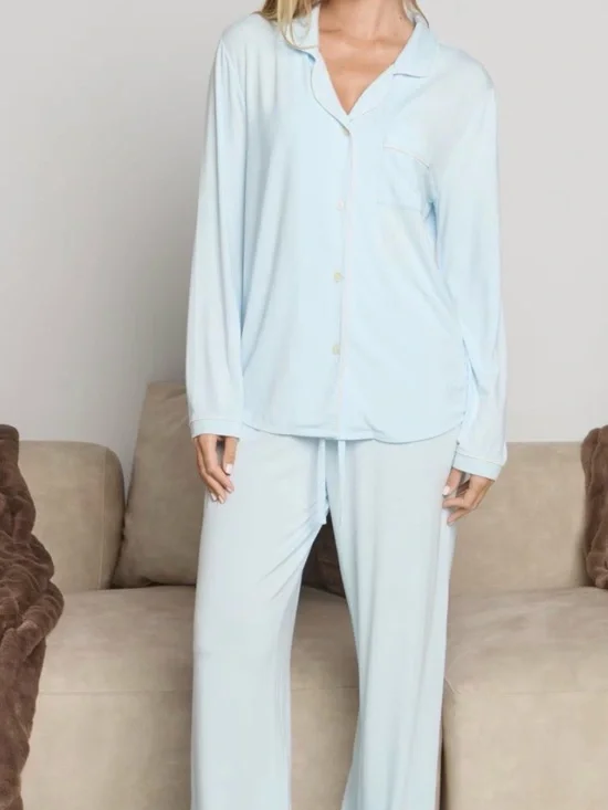 Women's Light Blue Button-Front Pajama Set - Long Sleeve Top & Lounge Pants