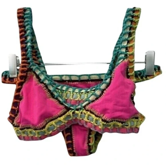 Ferrarini by PilyQ Pink Crochet Trim Bikini Set Two Piece Swimsuit One Size