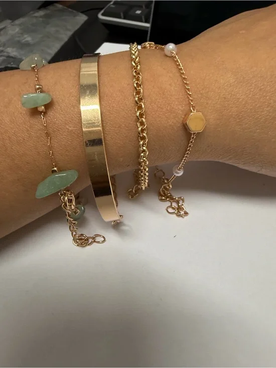 Gold Tone Mixed Bracelet Set with Green Stone Accents