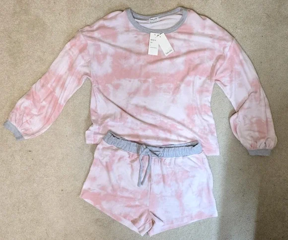 Splendid Womens Large Pink Tie Dye Pajama Lounge Set Long Sleeve Shorts NWT NEW