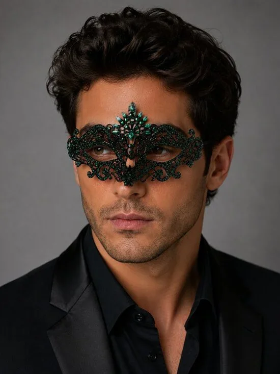 Men’s Green Masquerade Mask, Black Emerald Venetian Mask, Gothic Mardi Gras Mask